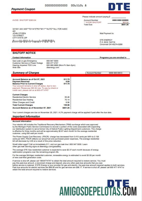 Para baixar modelo de conta de serviços públicos de energia DTE dos EUA Michigan em formato Word e PDF